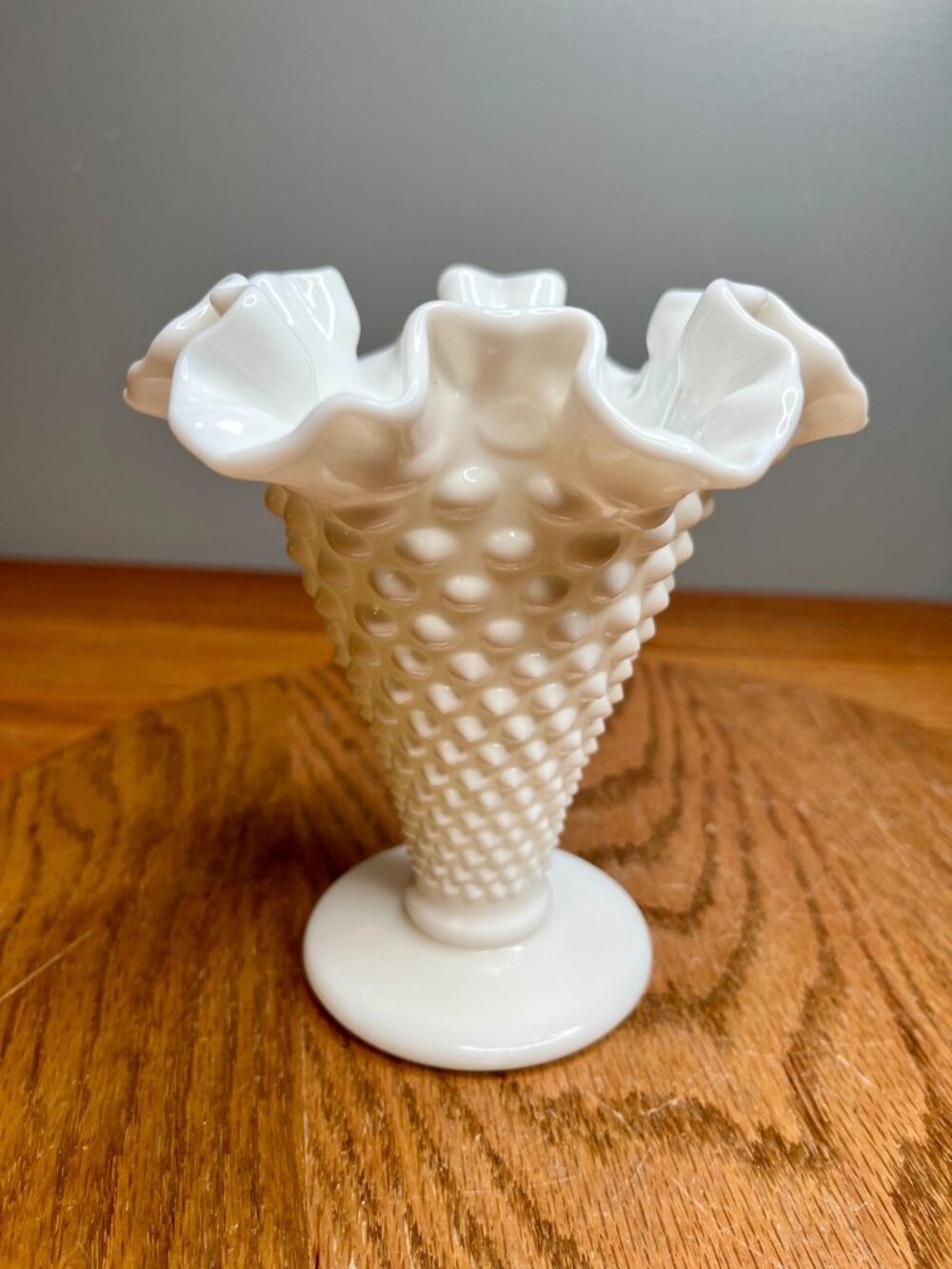 Mid Century FENTON White Hobnail Ruffled Footed Milk Glass Trumpet Vase- Vintage